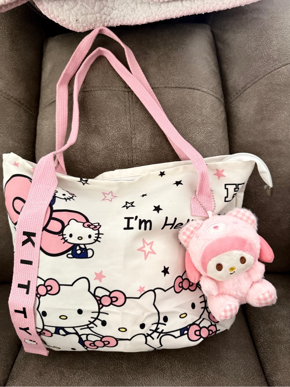 Hello Kitty White Canvas Tote Bag with My Melody Plush Keychain Charm Set